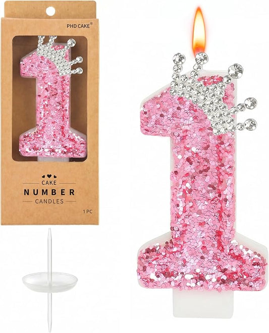 PHD CAKE Birthday Number Candles,Pink Crown Birthday Candles for Cake,Glitter Number 1 Candle Cake Topper with Sequins for Girls,Women, Anniversary Celebrations Supplies