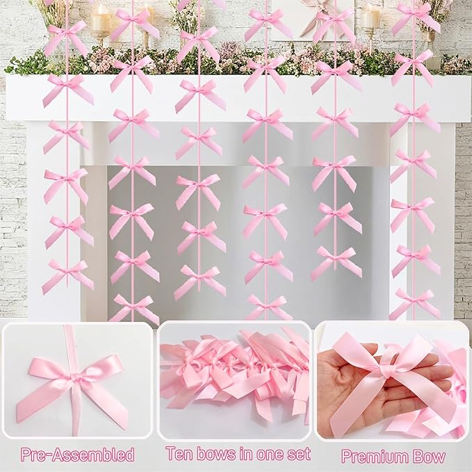 Pink Ribbon Bow Hanging Garland for Baby Shower Pink Bow Party Decorations Girls Bow Birthday Decoration Tying The Knot Bridal Shower Party Room Décor 6pcs