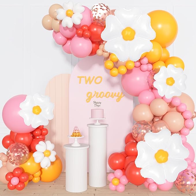 168Pcs Daisy Balloon Arch Garland Kit, Mothers Day Pastel Pink Orange Yellow Confetti Daisy Flower Balloons for Two Groovy One Birthday Floral Boho Girl Baby Shower Wedding Hippie Party Decorations