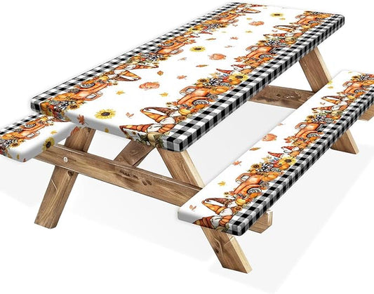 Fall Picnic Table Cover with Bench Covers, Camping Essentials, Buffalo Plaid Thanksgiving Pumpkin Waterproof Windproof, Fitted Tablecloth Cover with Elastic Edge, Indoor & Outdoor, 3 PCS, 30x96 Inch