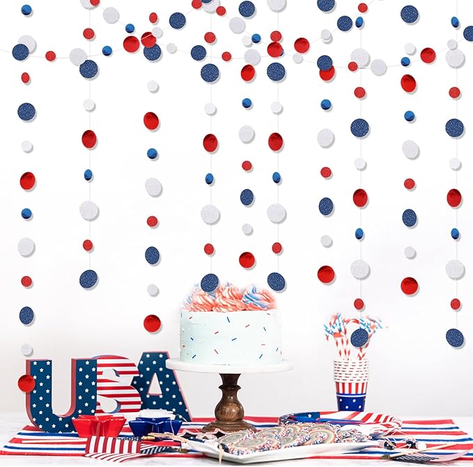 Outus 10 Pieces Blue,White,Red Round Dots Garland Graduation Party Hanging Decor Each Length 13.1ft Glitter Paper Dot Streamers for Birthday Wedding Classroom Supplies