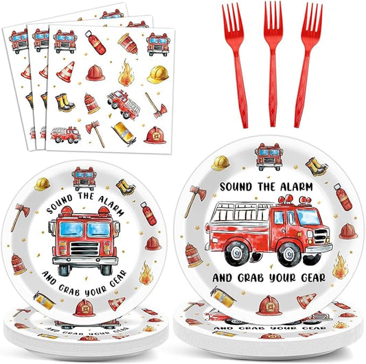 100Pcs Firetruck Birthday Party Decorations Watercolor Firefighter Plates and Napkins Little Blue Truck Birthday Dinnerware Fire Truck Supplies Fireman Tableware for Kids Baby Shower Decor Serves 25