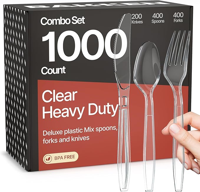 Bakken Disposable Cutlery Set 1000 Pieces of Forks, Knives & Spoons, Heavy Duty Plastic Silverware, BPA-Free Food-Grade Materials, Heat-Resistant, Reusable Utensils for Parties and Everyday Use, Clear