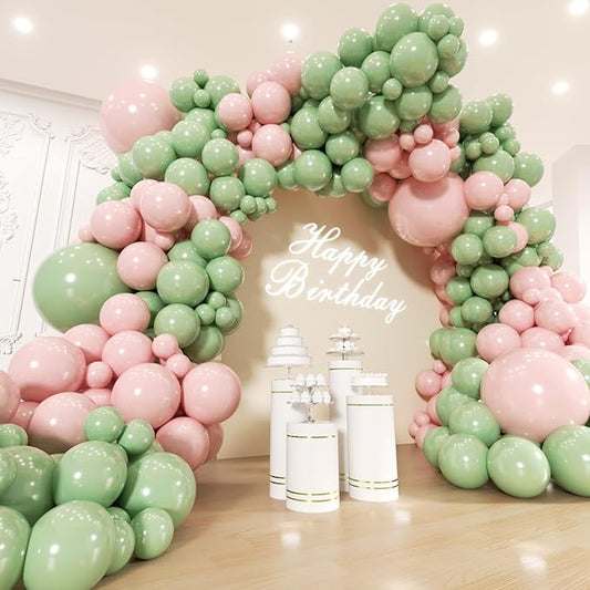 Pink and Green Balloons Garland Arch Kit 154Pcs - 5 10 12 18 inch Different Size Pink and Sage Green Balloons for Gender Reveal Baby Shower Hawaiian Birthday Summer Tropical Party Decorations