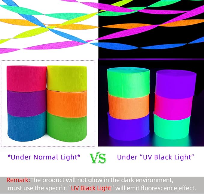 600 feet Glow Crepe Paper Streamers UV Glow Party Neon Streamer Decorations Glow in The Dark Black Light Reactive Fluorescent Neon Paper Party Streamers Wedding Birthday Blacklight Party Supplies