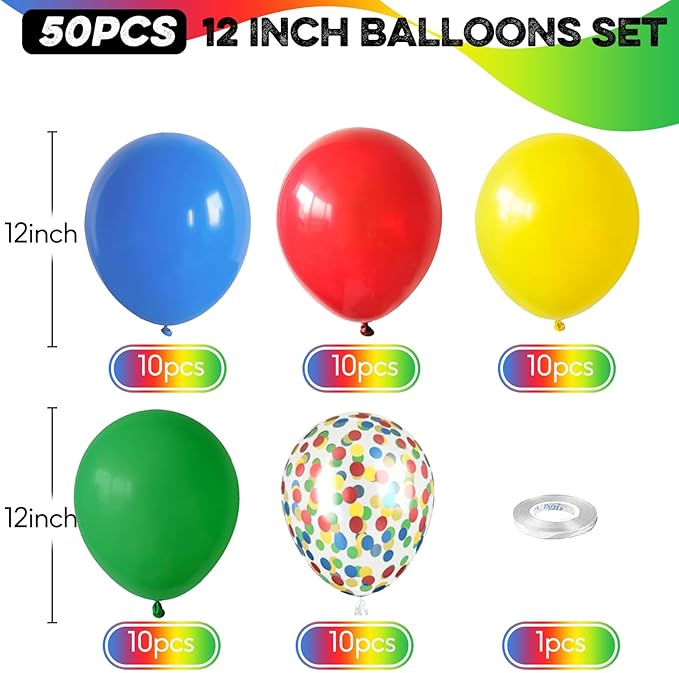 Red Blue Yellow Green Balloon Set, 12 Inch Carnival Circus Party Balloon Red Blue Green Yellow Helium Balloons Confetti Latex Balloon for Video Game Party Rainbow Kid Birthday Party Carnival Circus