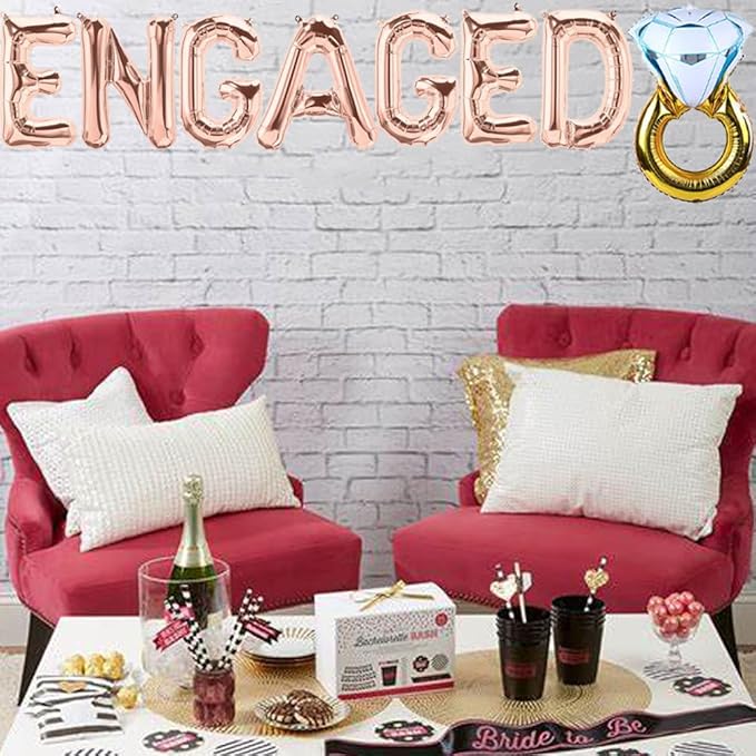 Engaged Balloons Rose Gold Engagement Party Banner Bride To Be/We are Engaged/Bridal Shower/Just Married/Bachelorette/Miss to Mrs/Diamond Ring Themed Happy Anniversary Party Supplies Decorations