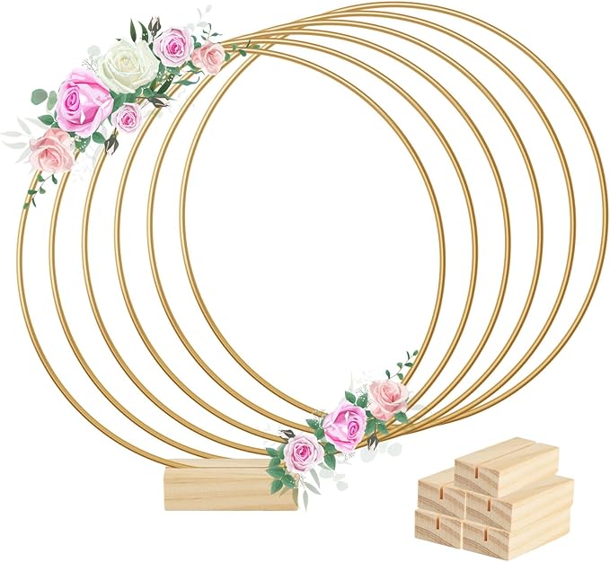 BOUBONI 6 Pcs 12 Inch Metal Floral Hoop Centerpiece with 6 Pcs Wooden Stand for Table Metal Wreath Ring Stand for Centerpiece Table Decorations Wedding Decor Wall Hanging Crafts
