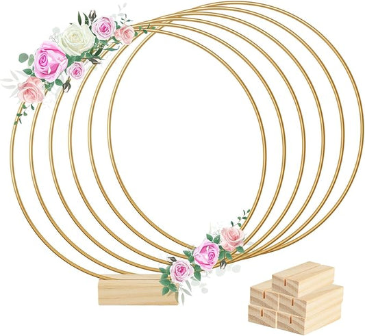 BOUBONI 6 Pcs 12 Inch Metal Floral Hoop Centerpiece with 6 Pcs Wooden Stand for Table Metal Wreath Ring Stand for Centerpiece Table Decorations Wedding Decor Wall Hanging Crafts