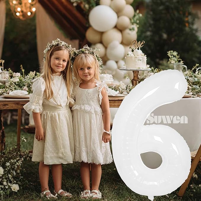 SUWEN 40 Inch White Large 6 Balloon Number Big Foil Helium Number Balloons 0-9 Giant Jumbo Happy 6th Birthday Party Decorations for Boy or Girl Huge Mylar Anniversary Party Supplies