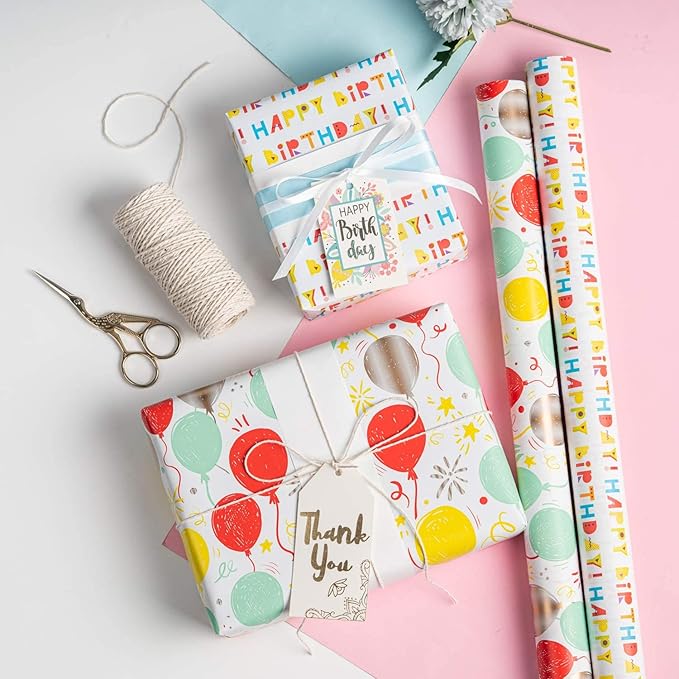 MAYPLUSS Birthday Wrapping Paper Roll - Mini Roll -17in x 120in Per roll - Red Balloon Stripes,Happy Birthday Lettering (42.3 sqft) for Party,Girl,Baby Shower,Boy Wedding, All Occassions