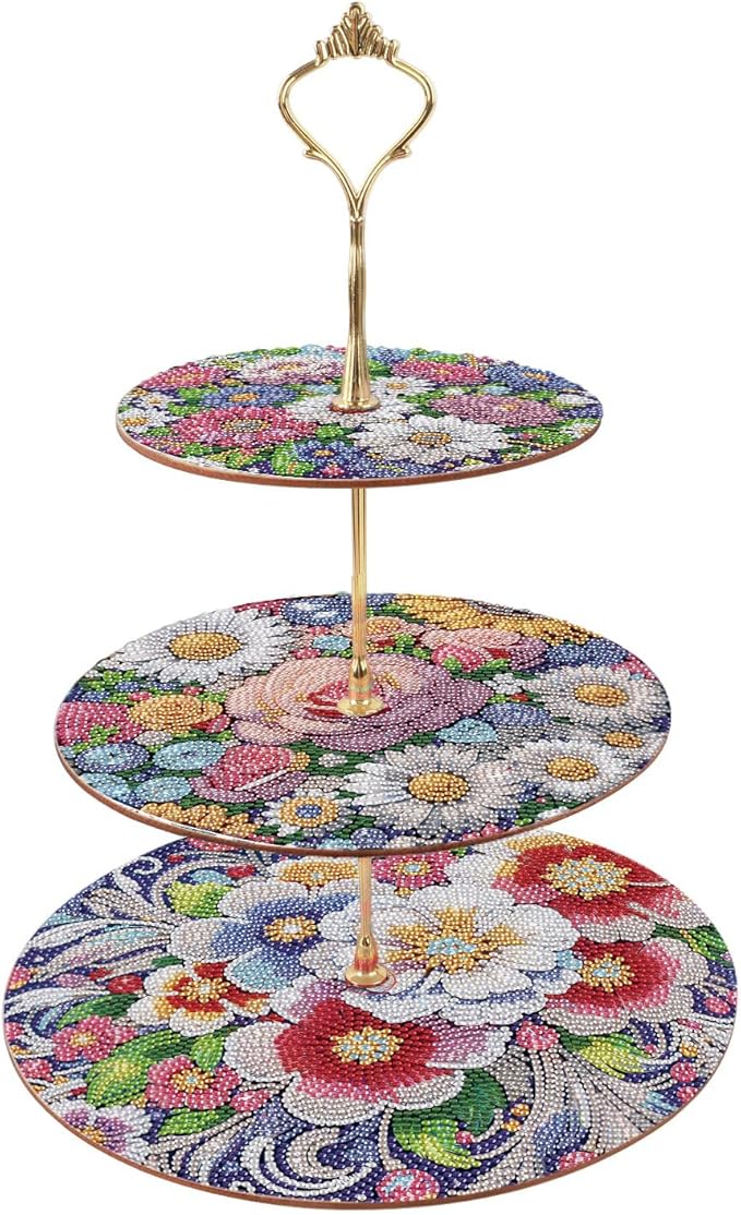 DoxQcs 3 Tier Wooden Diamond Art Painting Cake Cupcake Display Stand Round Cupcake Stand Dessert Tower Pastry Tray Platter for Tea Party Wedding Birthday-Flowers-2