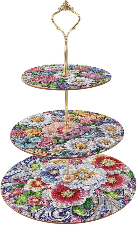 DoxQcs 3 Tier Wooden Diamond Art Painting Cake Cupcake Display Stand Round Cupcake Stand Dessert Tower Pastry Tray Platter for Tea Party Wedding Birthday-Flowers-2