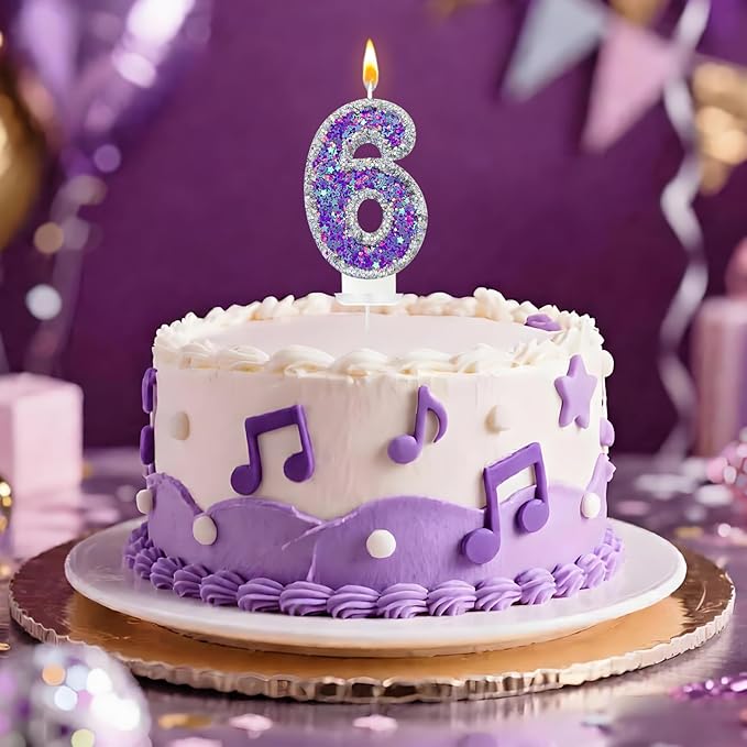K-pop Number 6 Birthday Candle, Star Glitter Filled Number Candle, Purple Silver Fantasy Cake Topper for Birthday Party Decoration
