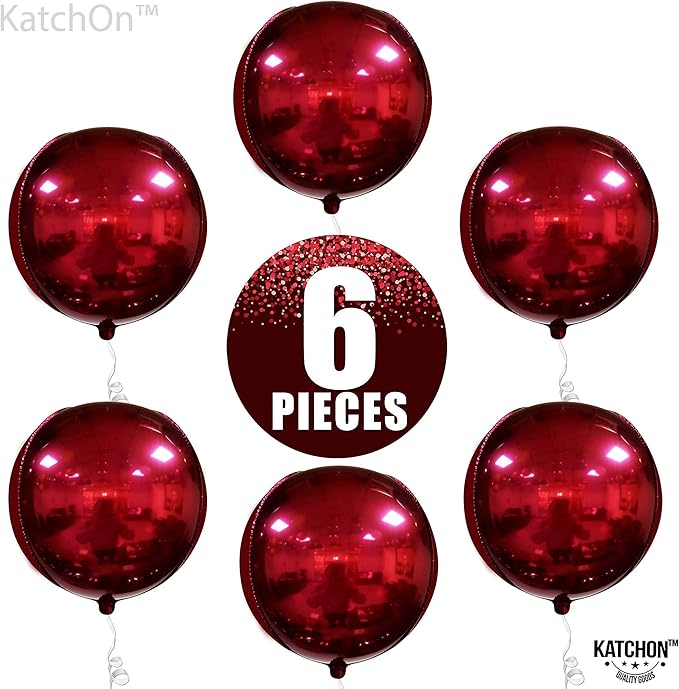 KatchOn, Metallic Red Balloons - 22 Inch, Pack of 6 | Round 4D Mylar Cherry Balloons for Birthday Decorations | Maroon Balloon for Wedding, Graduation Decorations 2026 | Baby Shower Decoration