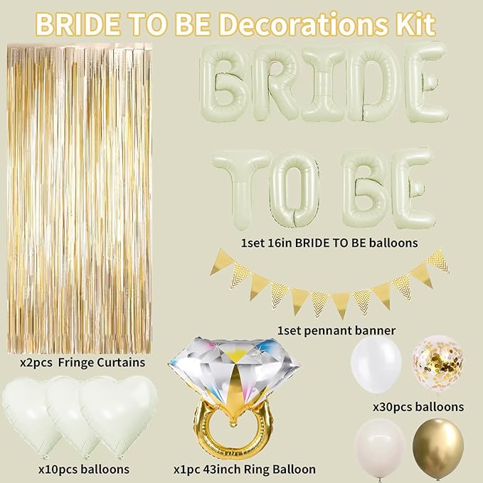 45Pcs Bachelorette Party Decorations Champagne Gold, Bride To Be Balloon Banner with Fringe Curtain Diamond Ring Confetti Balloons, Bridal Shower Engagement Wedding Party Supplies Decor Kit