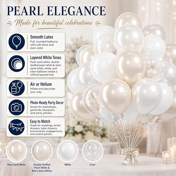 Pearl Balloons, 60Pcs Pearl White Balloons, 12 Inch Latex Double Stuff Pearl White Balloons for Wedding Bridal Shower Baby Shower Wedding Anniversary Engagement Neutral Birthday Party Decorations