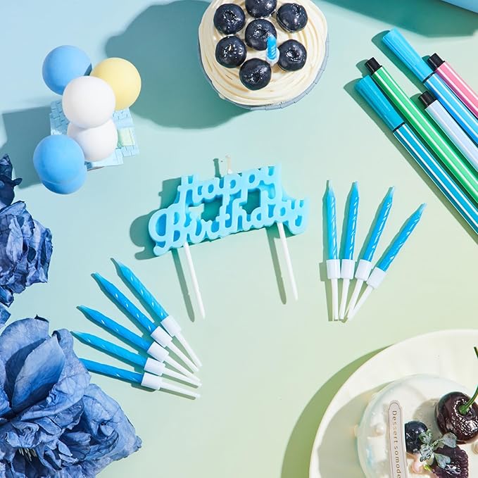 MTLEE Happy Birthday Candles Letter Cake Topper with 10 Pcs 2.95 Inch Short Thin Spiral Candles for Cake Topper Birthday Decoration Party Supplies(Blue)