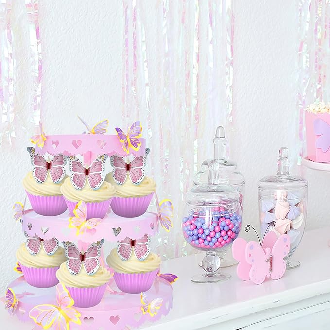 DIY 3 Tier Butterfly Cupcake Stand Pink Butterfly Decorations Princess Cupcake Stand Dessert Tower for Wedding Birthday Party Supplies