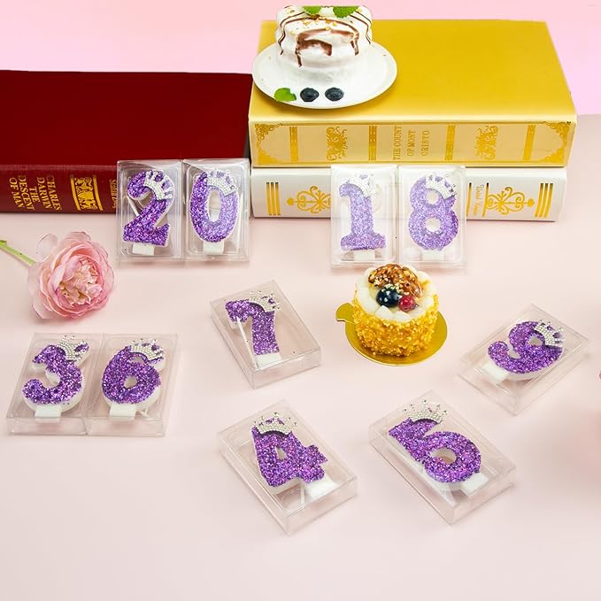 Birthday Number Candles,Purple Crown Birthday Candles for Cake,Glitter Number 6 Candle Cake Topper with Sequins for Anniversary Celebrations Supplies (Number 6)