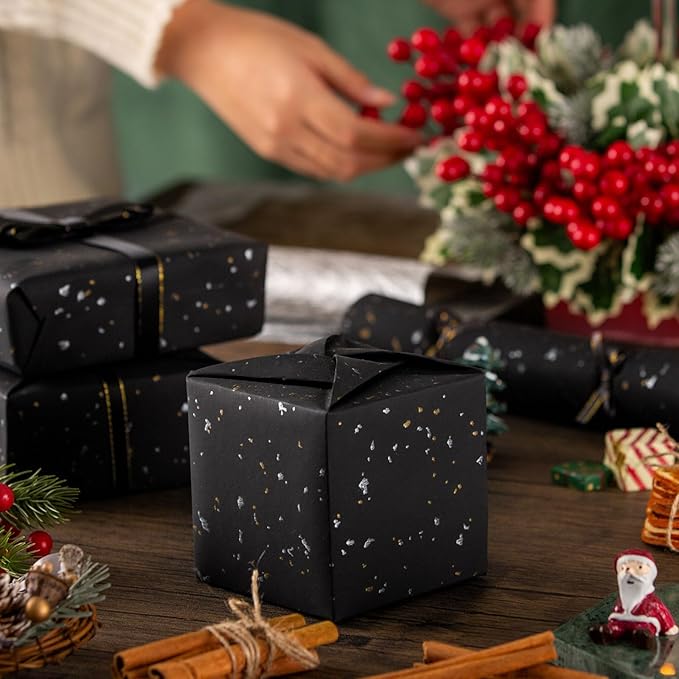 MAYPLUSS Wrapping Paper Roll - 17in x 16.5Ft - Luxury Thick Black Gold Foil Flakes Marvelous Satin Texture Matte Gift Wrap Paper for Birthdays, Anniversaries, Christmas, Father's Day