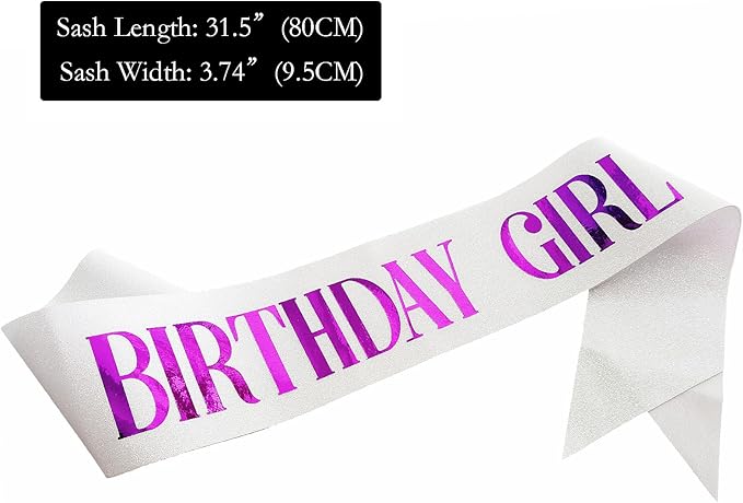 Birthday Sash for Girl, Purple Foil Letter Glitter White Birthday Girl Sash for 10th 11th 13th 16th 18th 21st Bday Gifts Party Suppiles Favors