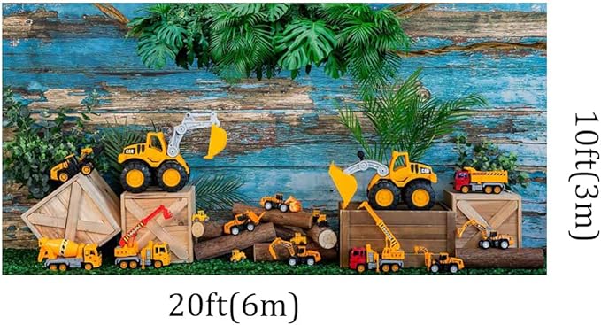 Kate 20x10ft Engineering Vehicle Toy Car Decoration Background Photo Studio Blue Weathered Wooden Spring Green Plants Photographic Backdrops Children Boy Birthday Party Props Backdrop