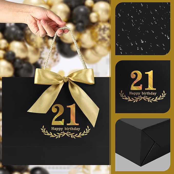 JMANNI Black Gold 21st Birthday Gift Bag with Card and Tissue Paper, 14.2"×9.84"×4.3" Large Present Bag for Adults, 21 Year Old Birthday Keepsake Party Supplies