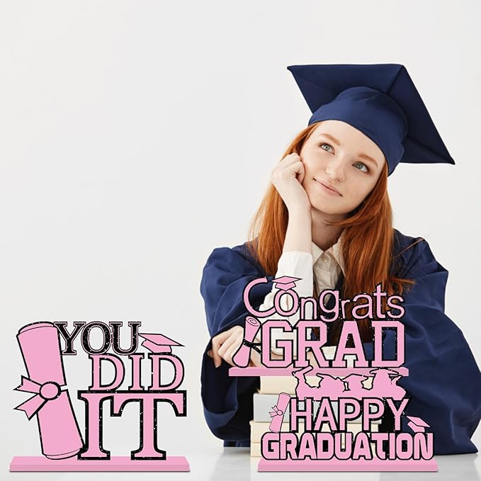 4Pcs Pink Graduation Decorations 2026, Wooden Table Centerpieces Class of 2026 Table Toppers Congrats Grad Tiered Tray Decor for Graduation Centerpieces for Table
