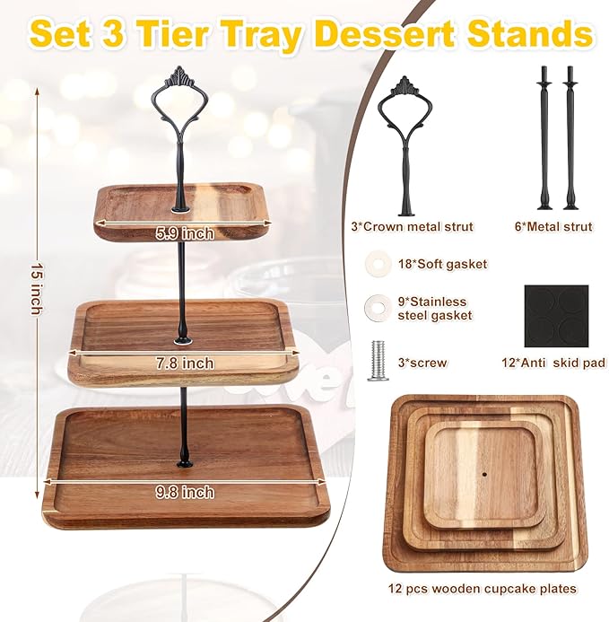 3 Pcs 3 Tier Serving Tray Square Wooden Tiered Cake Stand Acacia Wood Rustic Cupcake Display for Dessert Square Farmhouse Party, Wedding, Tea Party