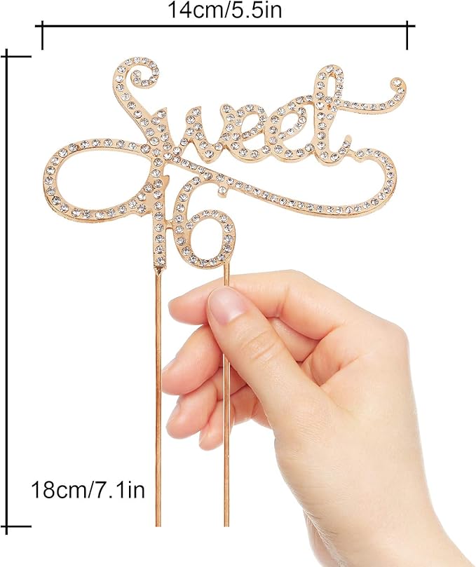 Sweet 16 Cake Topper for 16 Years Birthday Or 16th Wedding Anniversary Crystal Rhinestone Party Decoration Silver (Gold)