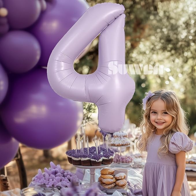 SUWEN 40 Inch Light Purple Large 4 Balloon Number Big Foil Helium Lavender Number Balloons Huge Mylar 0-9 Giant Jumbo Happy 4th Birthday Party Anniversary Decorations