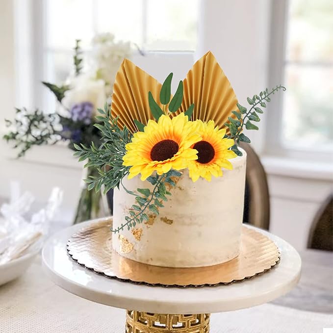 MEMOVAN Sunflower Cake Topper 18pcs Sunflower Cake Decoration with Gold Happy Birthday Cake Topper Sunflowers Golden Palm Eucalyptus Leaves for Sunflowers Boho Summer Birthday Wedding Baby Shower