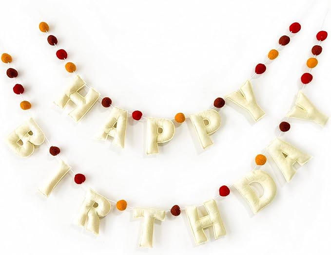 Boho Felt Happy Birthday Banner, Bohemian Birthday Party Decorations,Natural Handmade Wool Letters & Balls, Boho Happy Birthday Garland for kids Birthday Parties Window Door Mantels Decor Ready To Hang