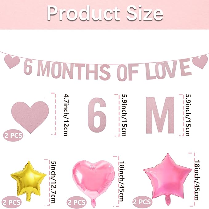 6 MONTHS OF LOVE Banner with Heart Foil Balloons and Star Balloons, Half Birthday and 6 Month Anniversary Decorations for Baby Shower, First Birthday, Couple Celebration, and Romantic Love Party Decor