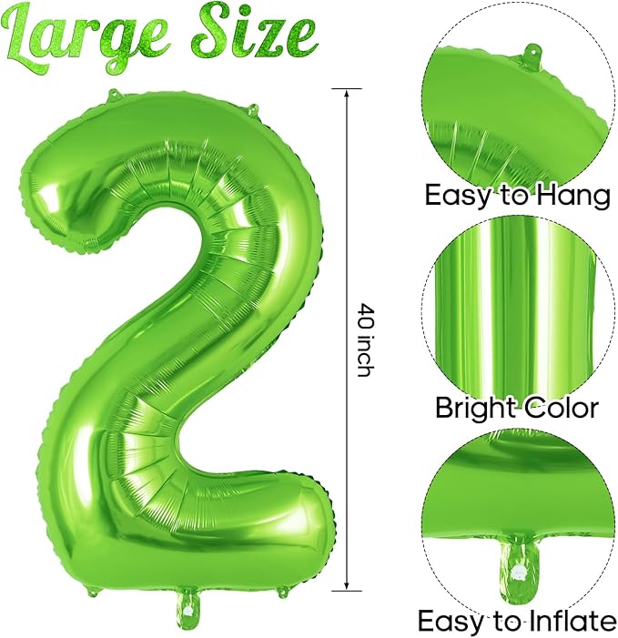 Green Number 2 Balloon 40 Inch, Big Large Foil Helium Number Balloons, Jumbo Giant Mylar Number 2 Balloons for 2 Second Birthday Party Decorations Supplies Anniversary Celebration