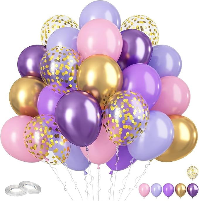 Pink and Purple Balloons, 60PCS Pastel Purple and Pink Balloons, 12 Inch Metallic Gold Confetti Latex Balloon for Women Girls Baby Shower Bridal Shower Birthday Butterfly Party Decor