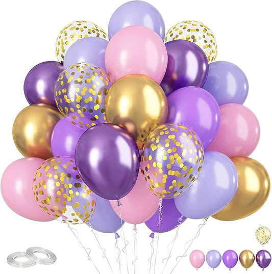 Pink and Purple Balloons, 60PCS Pastel Purple and Pink Balloons, 12 Inch Metallic Gold Confetti Latex Balloon for Women Girls Baby Shower Bridal Shower Birthday Butterfly Party Decor