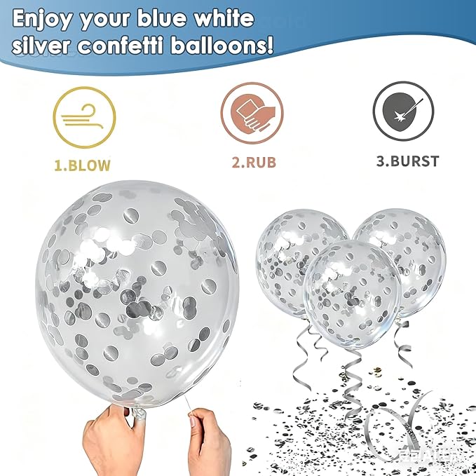 Blue White Silver Confetti Balloons - 50pcs 12" Metallic Blue Silver and Clear White Confetti Latex Balloons for Graduation Father's Day Birthday Wedding Anniversary Bridal Shower Party Decorations