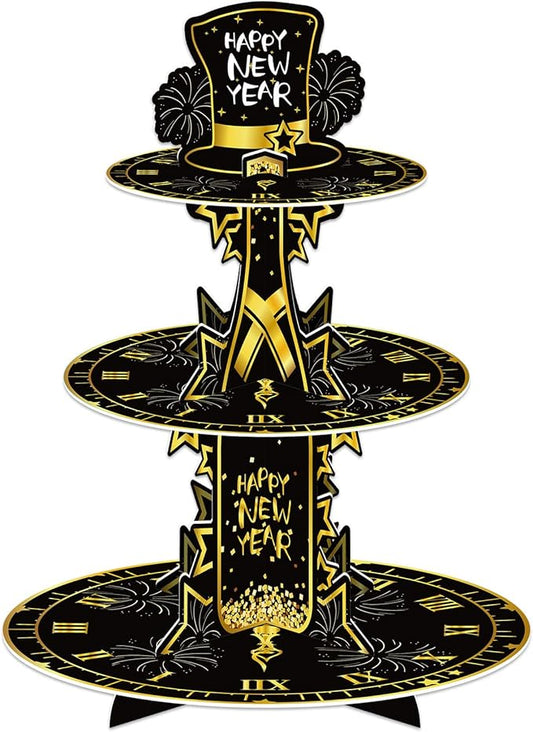 2025 Happy New Year Cupcake Stand 3-Tier Round Cupcake Stand New Years Eve Cake Stand Party Supplies New Year Table Decorations