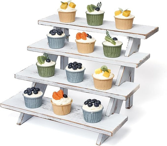 DAOYOUSKY Wooden Rustic Cupcake Stand for 24 Cupcakes, Stepped Wood Display Stand for Weddings, Tiered Party Table Display Riser for Food , Dessert, Cookie, Decor, Craft Show, White
