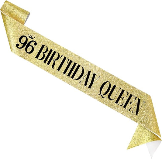 96 Birthday Queen 96th Birthday Sash for Women, Gold Glitter Sash with Black Foil