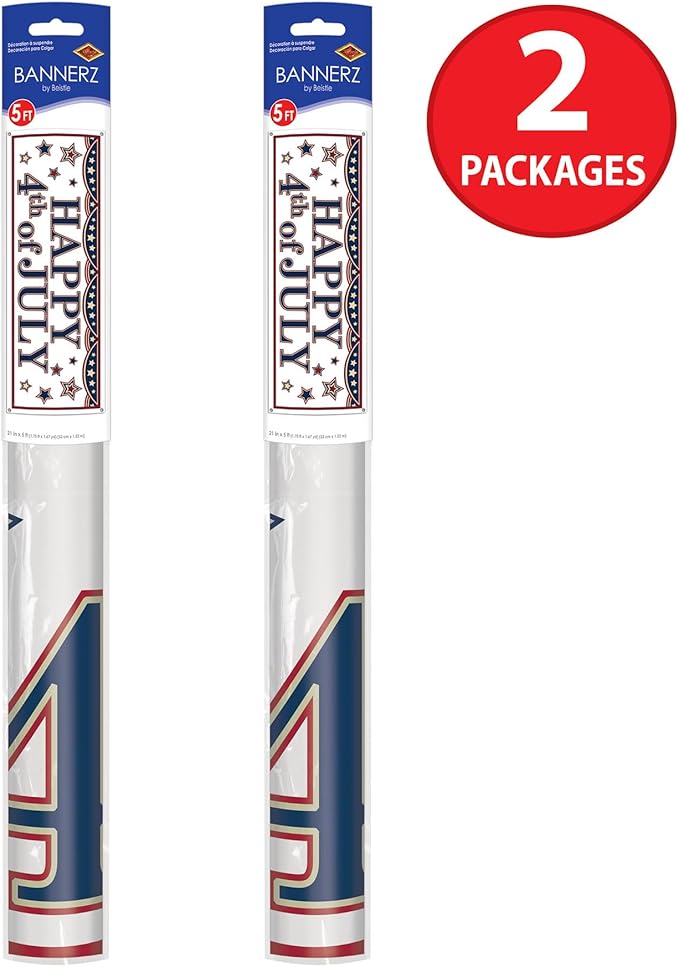 Beistle Happy 4th of July Sign Banners, 21” x 5’, 2 Pack – Summer Patriotic Holiday Welcoming Party Supplies with Stars, Independence Day Decorations for Indoors & Outdoors