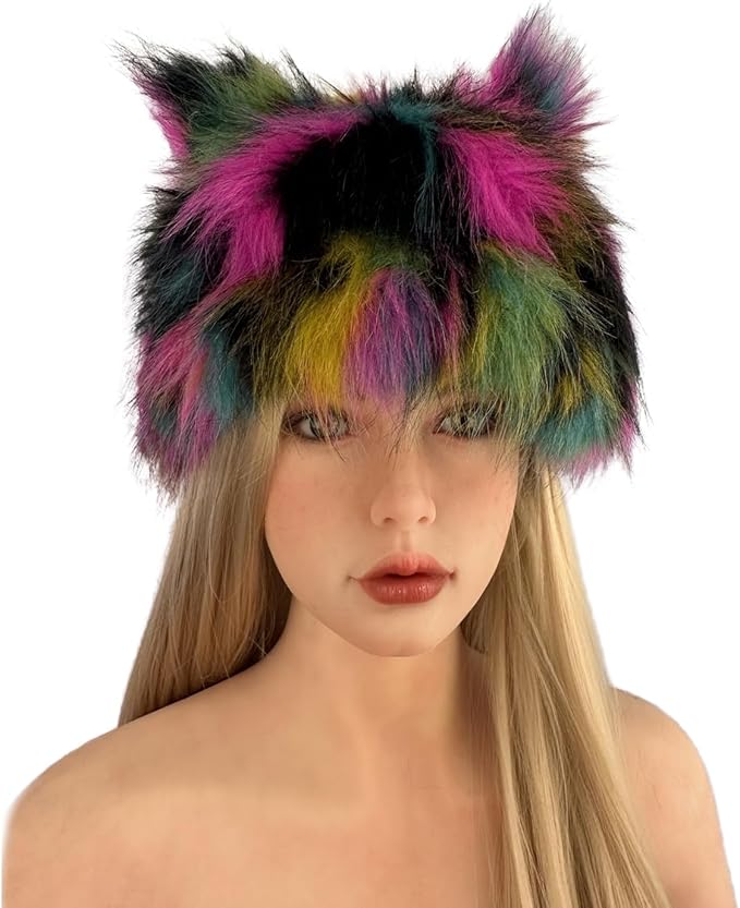 PURFUN Colorful Faux Fur Earflap Hats with Cat Ear, Adults Cosplay Halloween Animal Theme Wolf Cat Hooded Hat Costume Caps