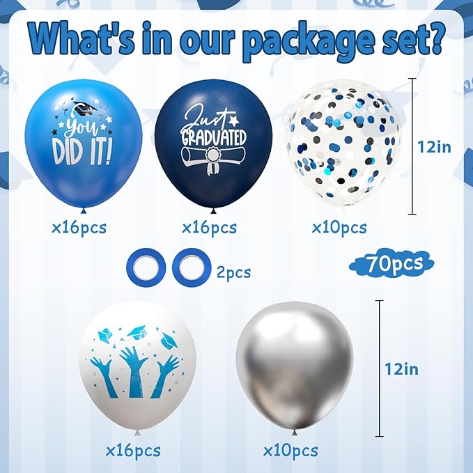 2026 Graduation Party Decorations, 70pcs Grad Balloons Blue and White Graduation Decor for College High School Class of 2026 Congrats Grad Party Decor