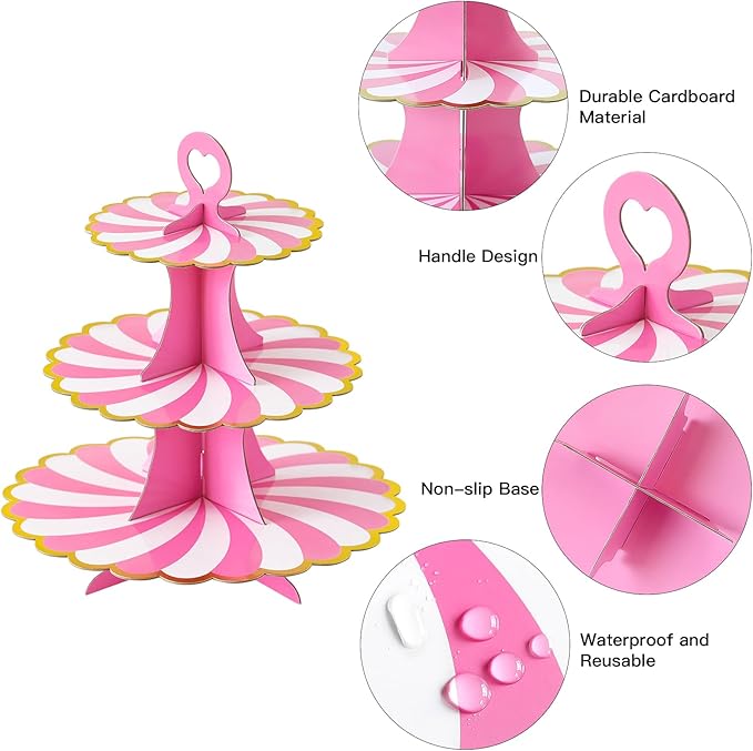 Soleebee 3-Tier Cupcake Stand, Cardboard Cupcake Tower, Dessert Cup Cake Stand Tower for Birthday Wedding Party Decoration, Cupcake Tier Stand 1 Set (Hot Pink Gold)