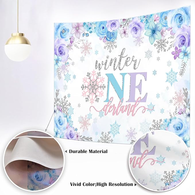 Mocsicka Winter Onederland Backdrop Winter Wonderland Girl Snowflake First Birthday Party Decoration Blue Purple Silver Banner Winter 1st Birthday Banner Photo Booth Props (Purple, 8x6ft(96''x72''))