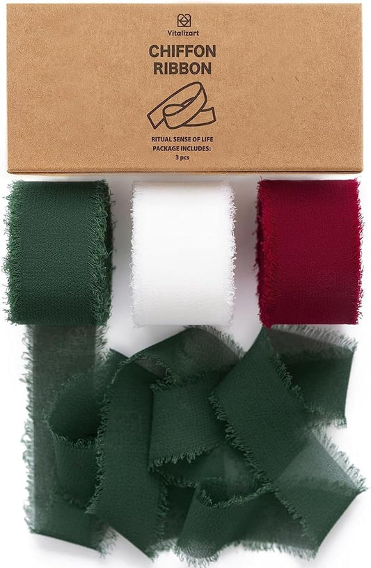 Vitalizart Christmas Ribbon Chiffon Silk Fringes 1" x 21 Yd Fabric Package (3 Rolls * 7 Yd) for Wedding Invitations Bridal Bouquets Decorations Gifts Wrapping & Bow Making Green Red & White