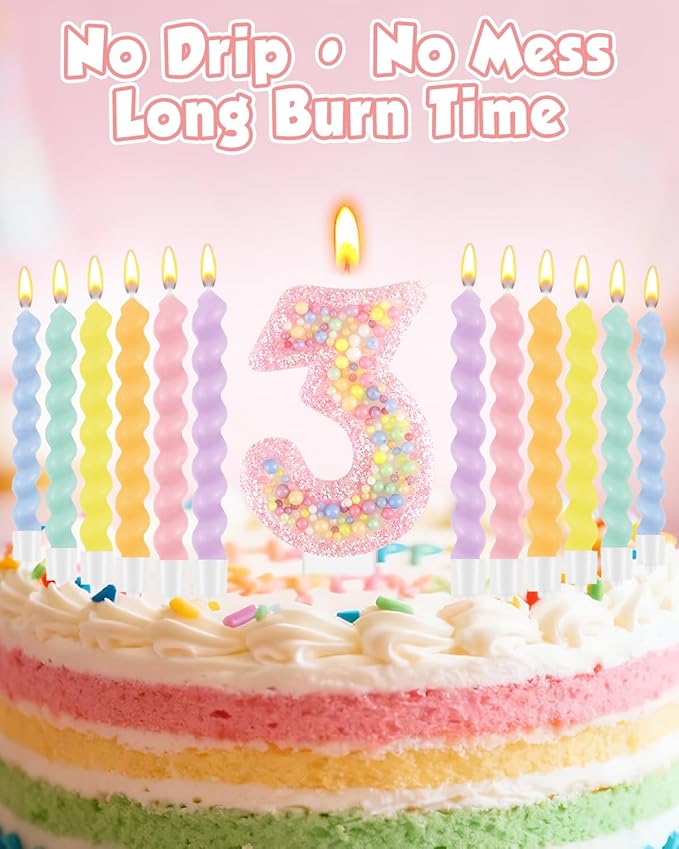 Birthday Candles for Cake, Macaron Number Candles, Cake Candles with Greeting Card for Birthday Party Wedding Anniversary Celebrations (3 Candle)