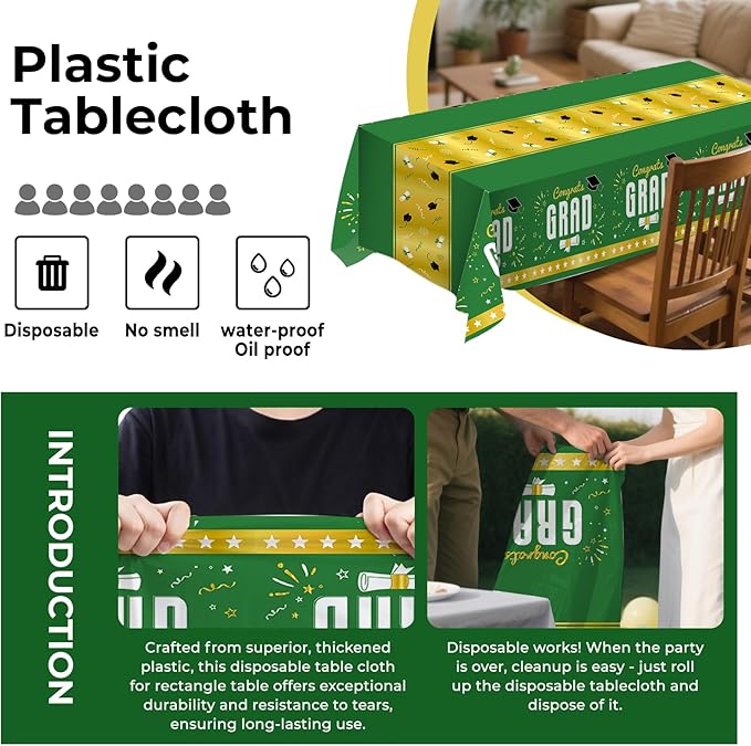 8 Pack Graduation Plastic Tablecloth 54" x 108" Disposable Table Cloths for 6 to 8 Foot Tables Cover for Class of 2026 Parties Decorations Supplies (Graduation Green Gold, Rectangle)